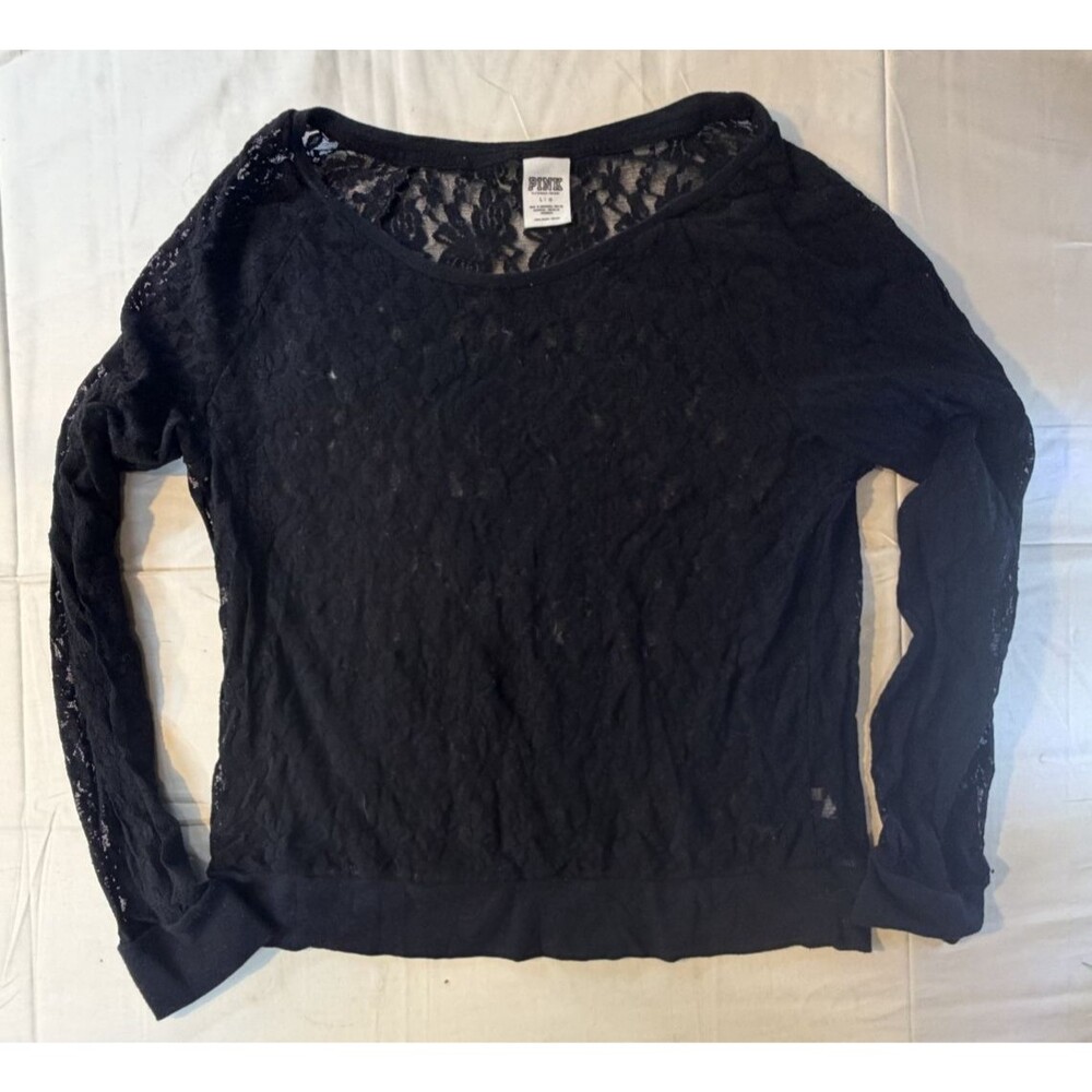 🖤✨ PINK Victoria's Secret Black Sheer Lace Long Sleeve Blouse Women's Size Lg